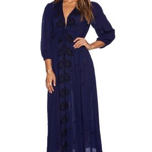 FREE PEOPLE Embroidered Fable Navy Dress